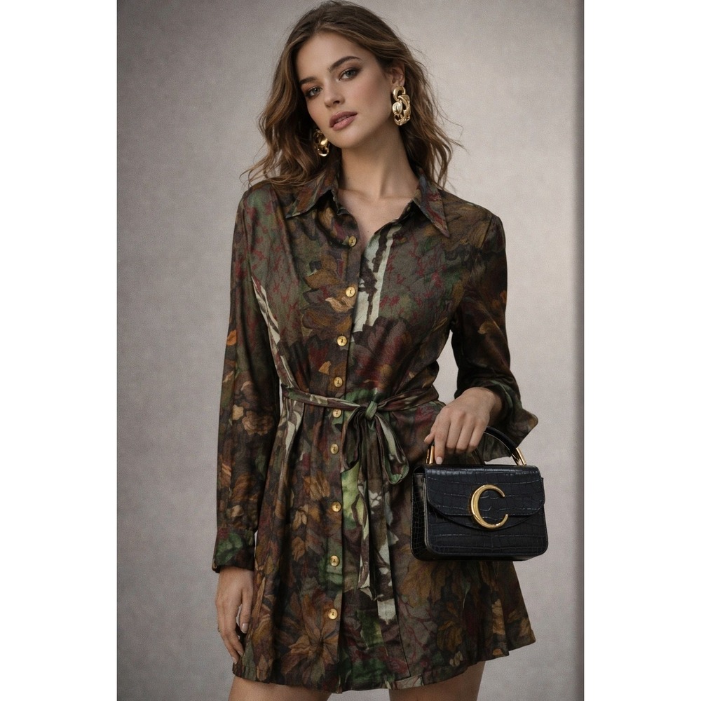 Virna Dro Floral Long Sleeve Shirt Dress IT 42 US 6 Green Earth Tones NWT